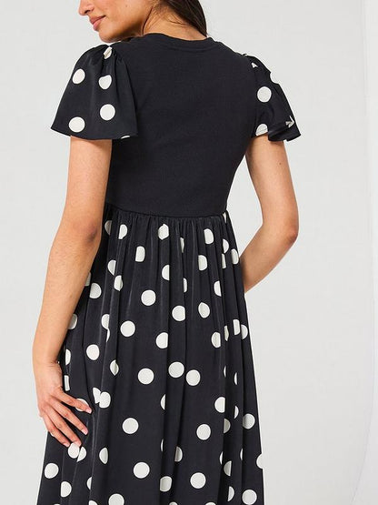 Polka Dot Woven Mix Midi Dress - Black