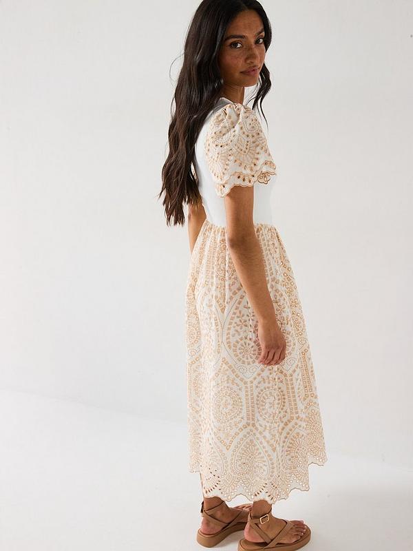 V by Very Broderie Trim Dress - White