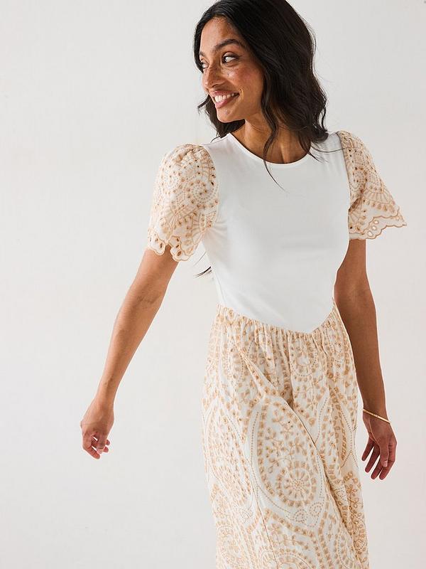 V by Very Broderie Trim Dress - White