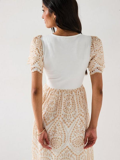 V by Very Broderie Trim Dress - White