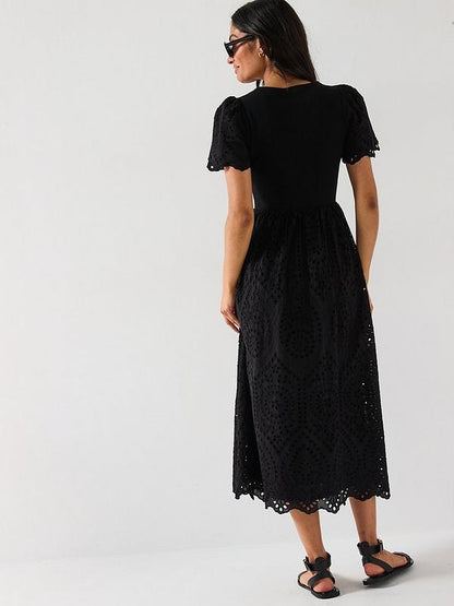 V by Very Broderie Trim Dress - Black