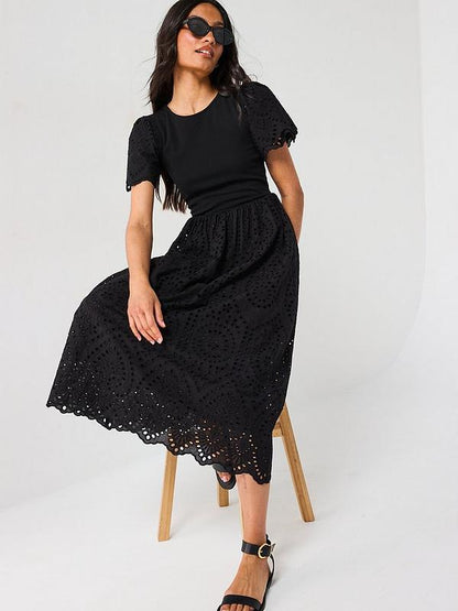 V by Very Broderie Trim Dress - Black