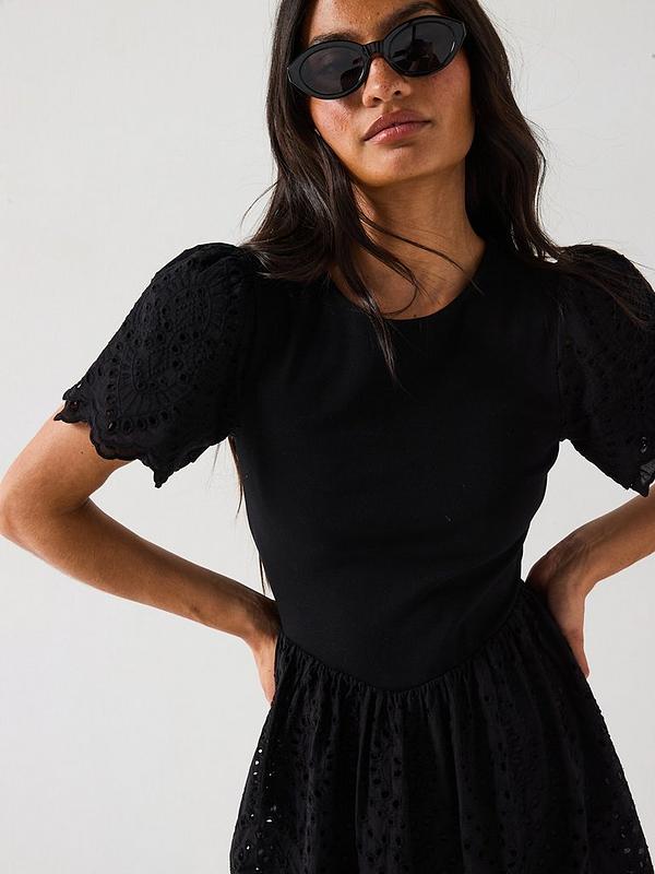 V by Very Broderie Trim Dress - Black