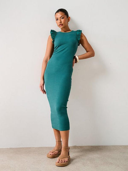 V by Very Frill Sleeve Ribbed Midaxi Dress - Khaki