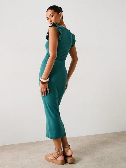 V by Very Frill Sleeve Ribbed Midaxi Dress - Khaki