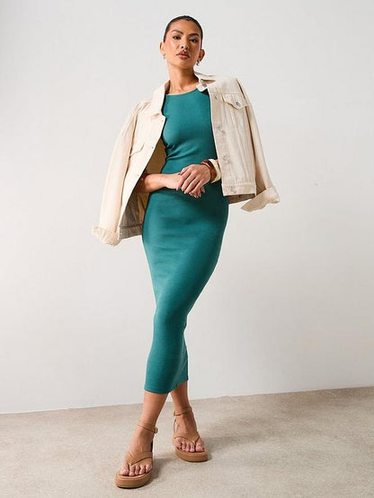 V by Very Frill Sleeve Ribbed Midaxi Dress - Khaki