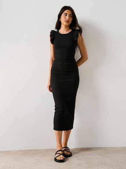 V by Very Frill Sleeve Ribbed Midaxi Dress - Black