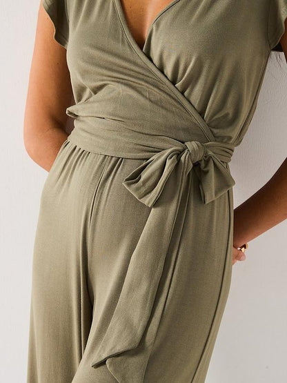 Everyday Wrap Wide Leg Jumpsuit - Khaki
