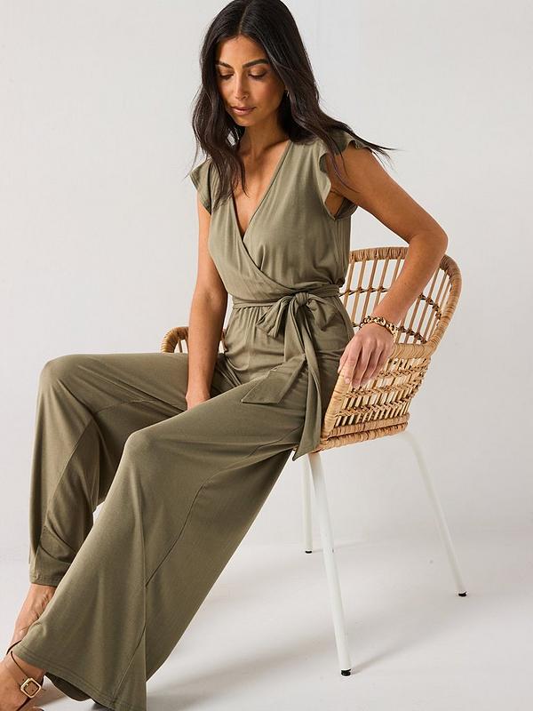 Everyday Wrap Wide Leg Jumpsuit - Khaki