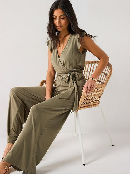 Everyday Wrap Wide Leg Jumpsuit - Khaki