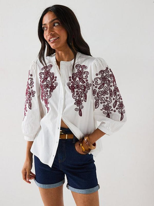 V by Very Embroidered Sleeve Western Blouse - White