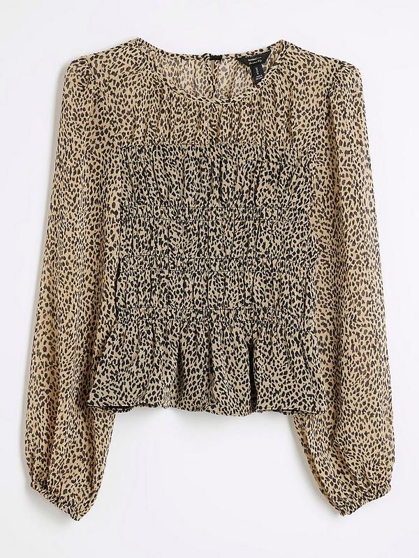 River Island Brown Beige Printed Shirred Chiffon Blouse