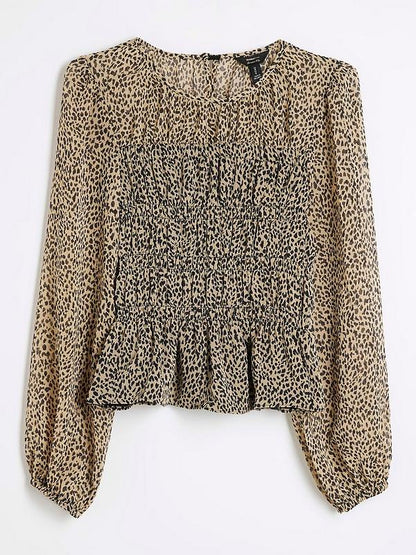 River Island Brown Beige Printed Shirred Chiffon Blouse