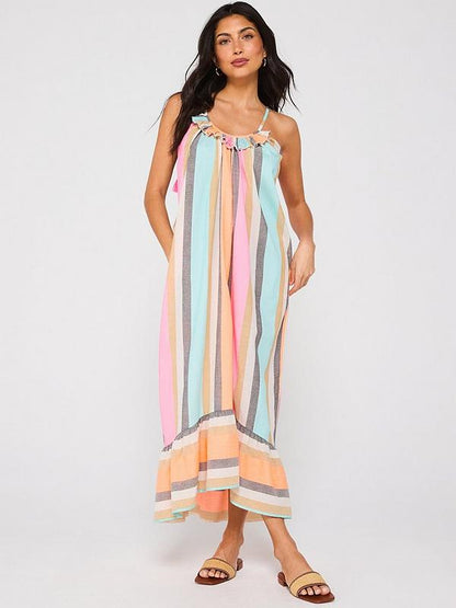 Tassel Tie Shoulder Strappy Beach Dress - Multi