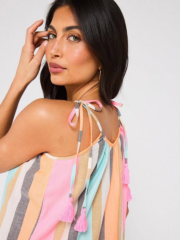 Tassel Tie Shoulder Strappy Beach Dress - Multi