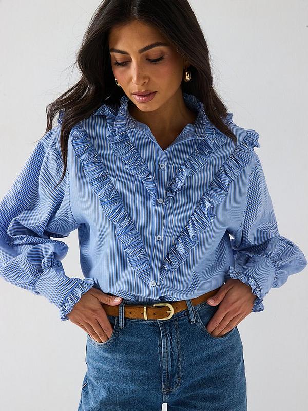V by Very Stripe Ruffle Shirt - Blue