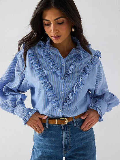 V by Very Stripe Ruffle Shirt - Blue