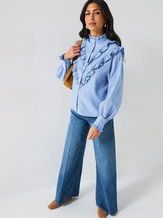 V by Very Stripe Ruffle Shirt - Blue