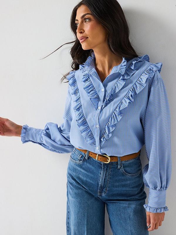 V by Very Stripe Ruffle Shirt - Blue