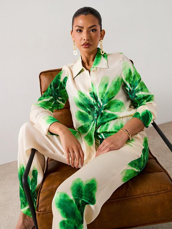 V by Very Green Flower Satin Shirt - Cream