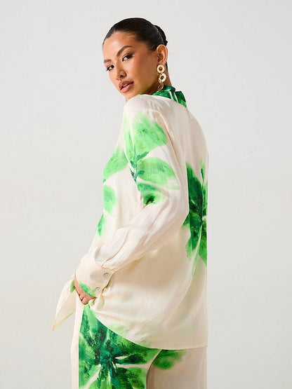 V by Very Green Flower Satin Shirt - Cream