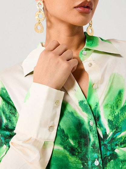 V by Very Green Flower Satin Shirt - Cream