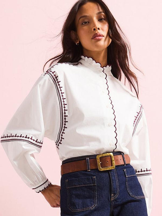 Scallop Trim Button Through Blouse - White