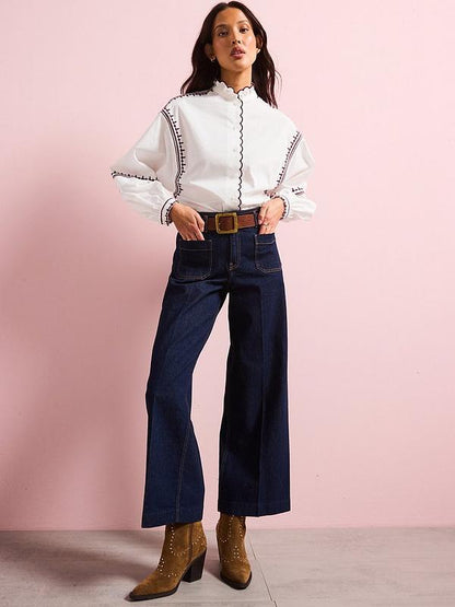 Scallop Trim Button Through Blouse - White