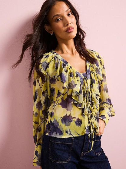 V by Very Georgette Frill Blouse - Yellow
