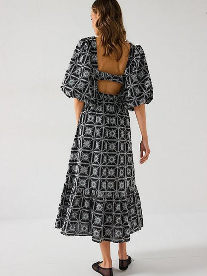 Puff Sleeve Check Embroidered Midi Dress - Black