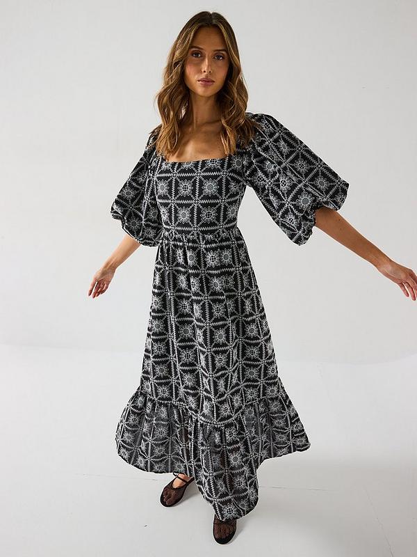 Puff Sleeve Check Embroidered Midi Dress - Black