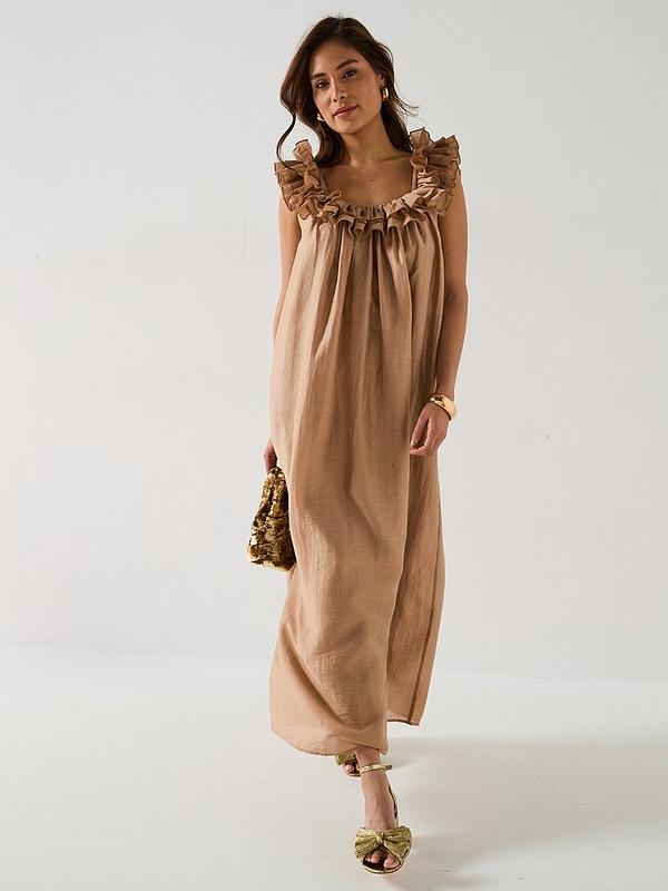 Ruffle Square Neck Trapeze Dress - Beige