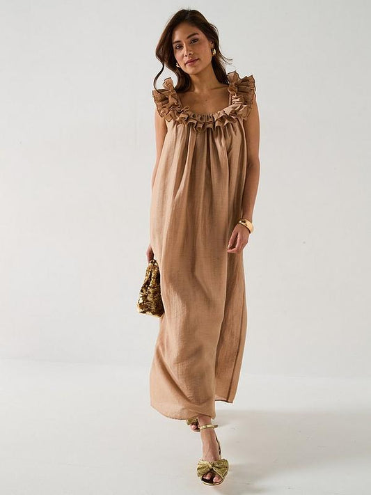 Ruffle Square Neck Trapeze Dress - Beige