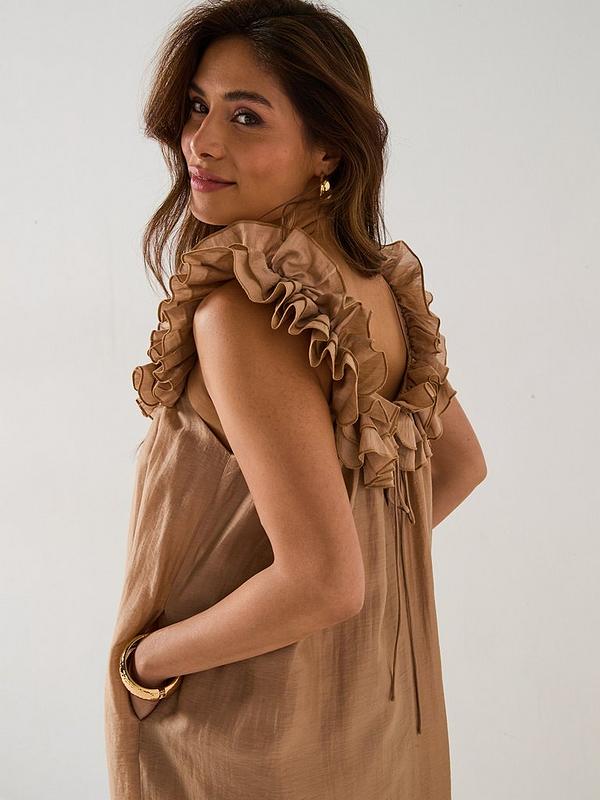 Ruffle Square Neck Trapeze Dress - Beige