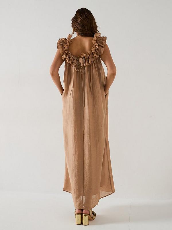 Ruffle Square Neck Trapeze Dress - Beige