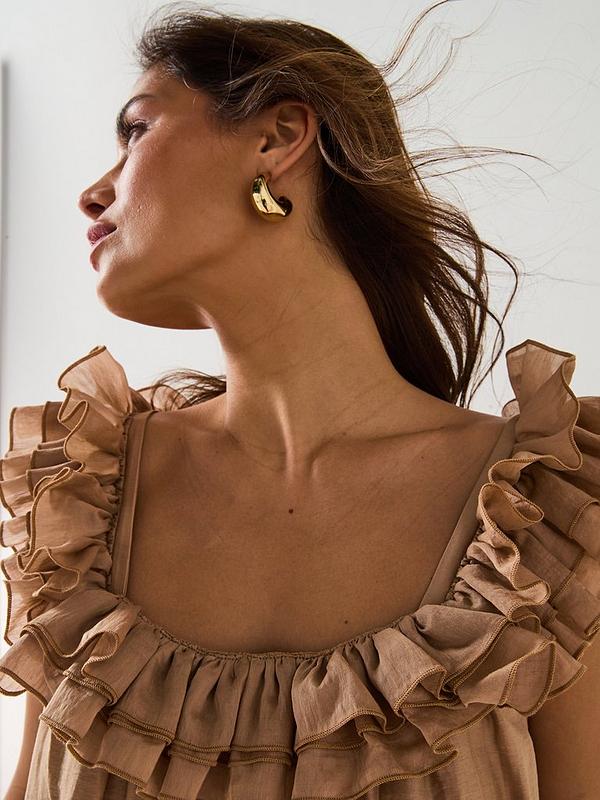 Ruffle Square Neck Trapeze Dress - Beige