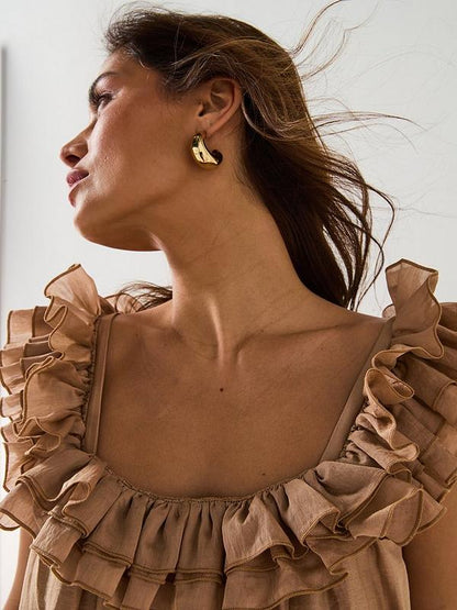Ruffle Square Neck Trapeze Dress - Beige