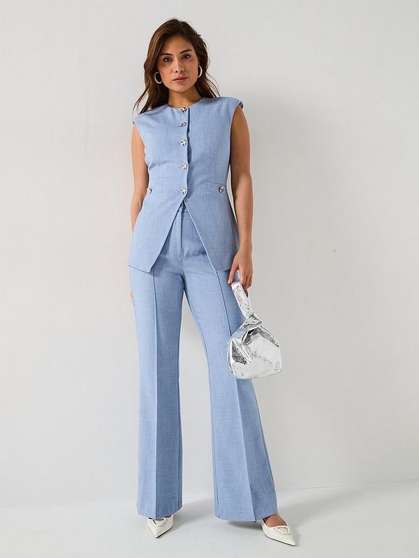 Longline Textured Waistcoat and Kickflare Trouser Co-Ord Set - Blue