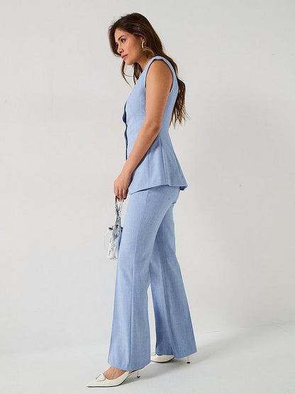 Longline Textured Waistcoat and Kickflare Trouser Co-Ord Set - Blue