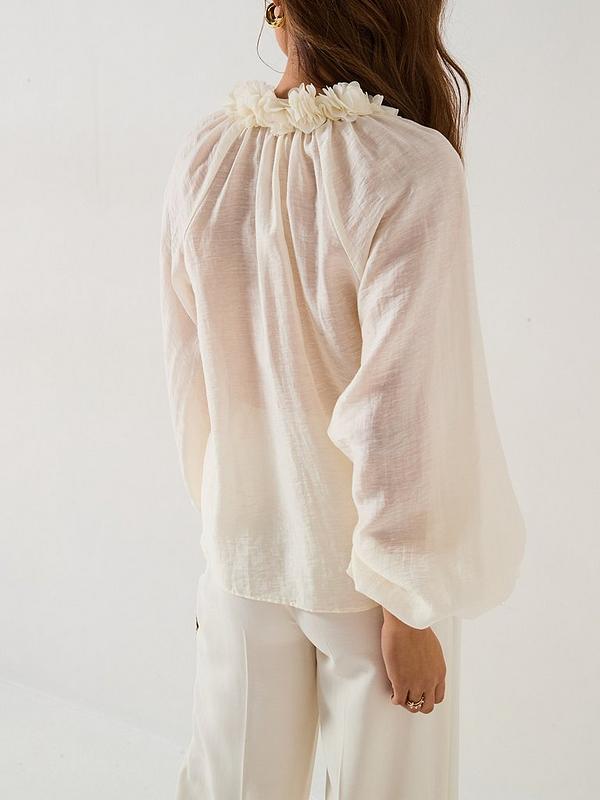 Ruffle Neck Blouson Blouse - Cream