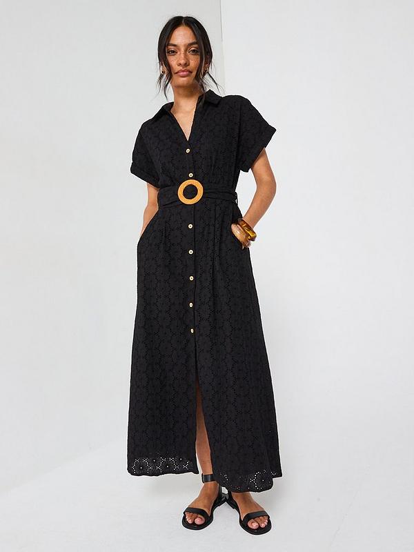 V by Very Belted Broderie Midaxi Shirt Dress - Black