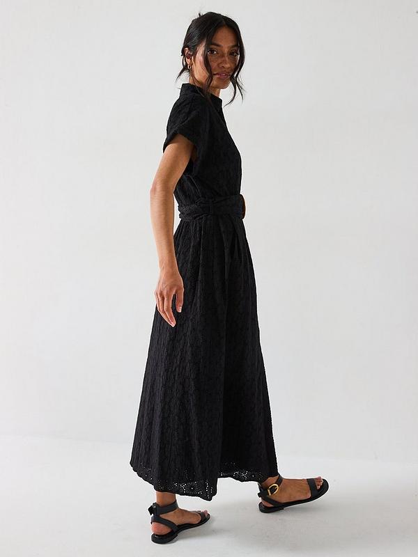 V by Very Belted Broderie Midaxi Shirt Dress - Black