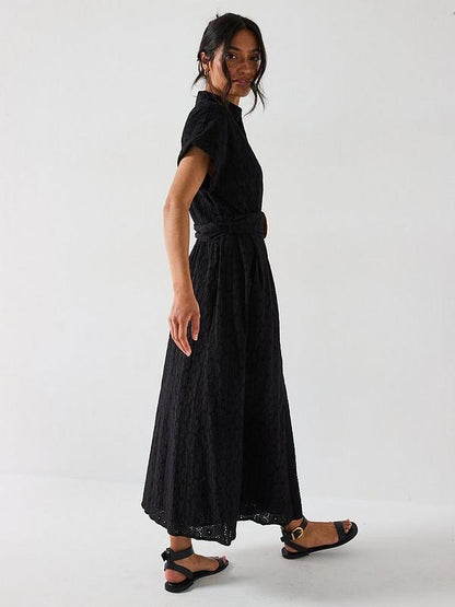 V by Very Belted Broderie Midaxi Shirt Dress - Black