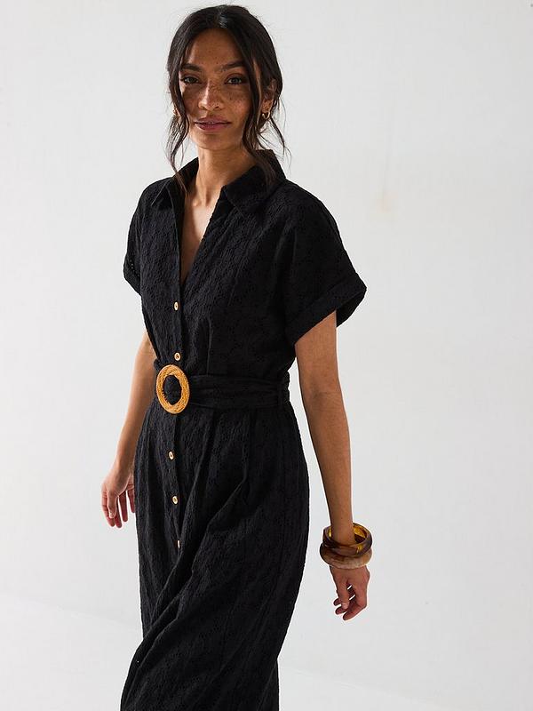 V by Very Belted Broderie Midaxi Shirt Dress - Black