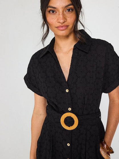 V by Very Belted Broderie Midaxi Shirt Dress - Black