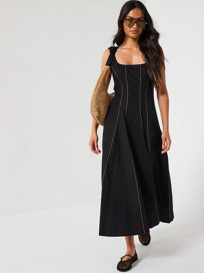 Corset Detail Pinktuck Midi Dress - Black