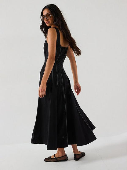 Corset Detail Pinktuck Midi Dress - Black