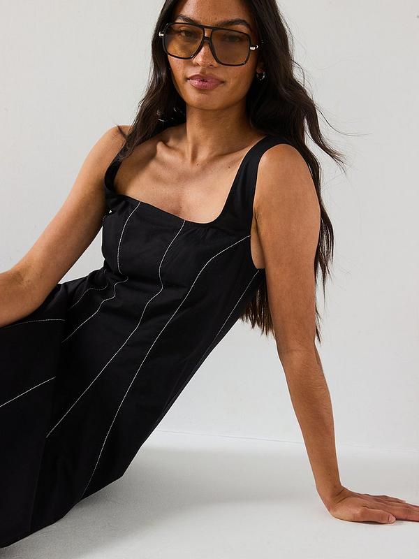 Corset Detail Pinktuck Midi Dress - Black