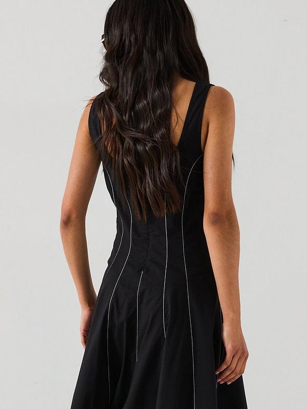 Corset Detail Pinktuck Midi Dress - Black