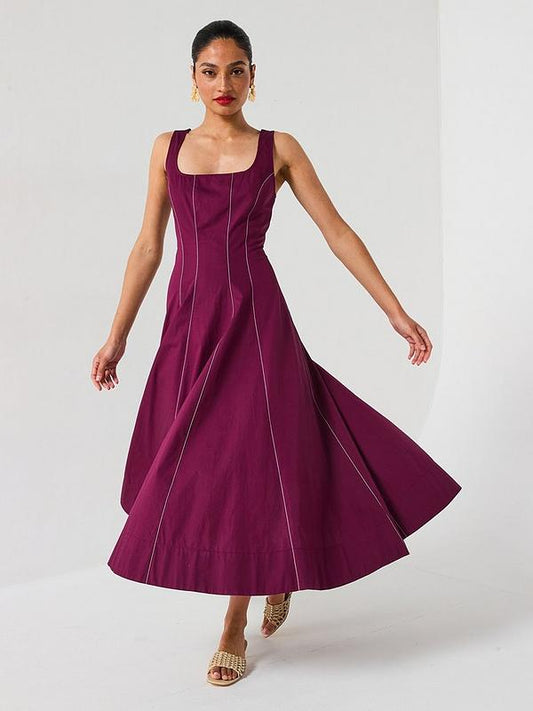 Corset Detail Pintuck Midi Dress - Burgundy